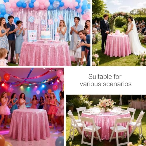 Pufogu 120" Round Pink Sequin Tablecloth Glitter White Table Cloths for Birthday Wedding Bridal Baby Shower Party Decorations - Image 2