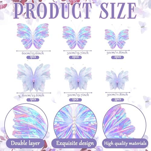 10 Pcs 24'' 20'' 12'' Large Laser Purple Pearl Butterfly Decoration 3 Sizes - Image 2