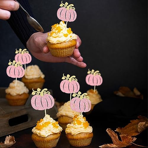 24Pcs Pumpkin Cupcake Toppers Glitter Fall Theme Pumpkin Cupcake Pick Decorations for Baby Shower Birthday Thanksgiving Halloween Party Cake Decorations Supplies Pink - Image 5