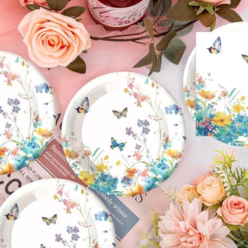 50pcs Wildflower Paper Plates and Napkins Party Decorations, 7inch Watercolor Floral Paper Plate Tableware for Spring Summer Birthday Baby/Bridal Shower Picnic Wedding Girl Tea Party Supplies - Image 2