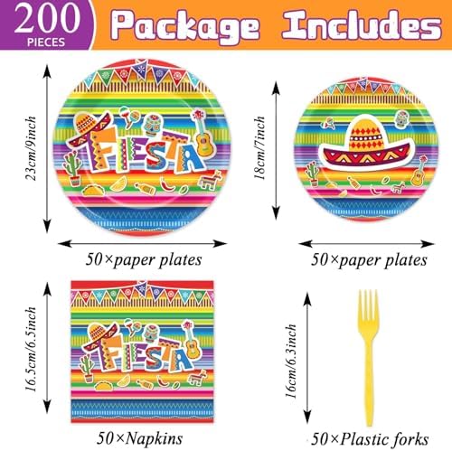 200 PCS Mexican Fiesta Party Plates Napkins Fiesta Themed Tableware Set for Mexican Party Decorations Dessert Plates Forks Serves 50 Guests for Birthday Favor Supplies - Image 2