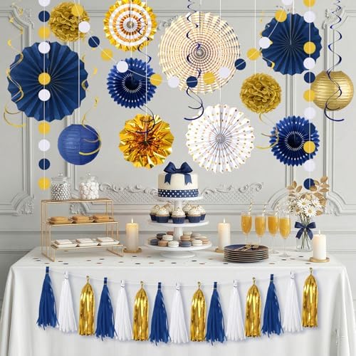 Meiduo 34 Pcs Blue Gold Party Decorations, Paper Fans Lanterns Pom Poms Set - Image 6