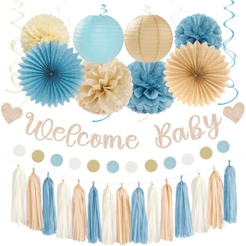 Light-Dusty Blue Beige-Champagne Baby-Shower Party-Decorations - 31pcs Welcome Home Banner Sign,Boy Paper Lanterns,Neutral Streamers Garland,Boho Tissue Pom Poms Flowers Fans Backdrop Decor Burgleda by Burgleda