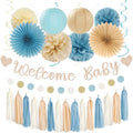 Light-Dusty Blue Beige-Champagne Baby-Shower Party-Decorations - 31pcs Welcome Home Banner Sign,Boy Paper Lanterns,Neutral Streamers Garland,Boho Tissue Pom Poms Flowers Fans Backdrop Decor Burgleda by Burgleda
