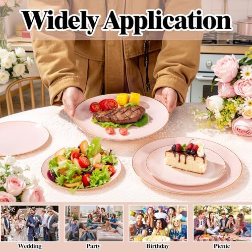 YOUBET 125PCS Pink Plastic Plates with Gold Rim for Party Wedding Birthday - Image 5