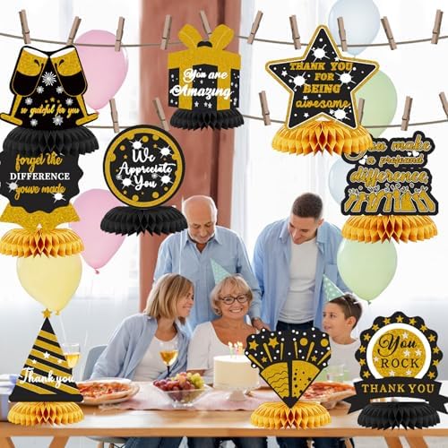 9PCS We Appreciate You Honeycomb Centerpieces Black Gold Glitter Thank You Table Topper Decor Teacher Doctor Nurse Employee Staff Graduation Appreciation Party Decorations for Men Women - Image 5