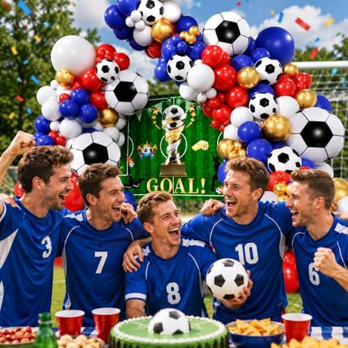 Soccer Party Decorations 161Pcs, Soccer Balloon Garland Arch Kit with Backdrop Banner 18'' Football Foil Balloons, Blue Red Gold White Balloons for Boys Sports Fan Birthday Soccer Party Decor - Image 5