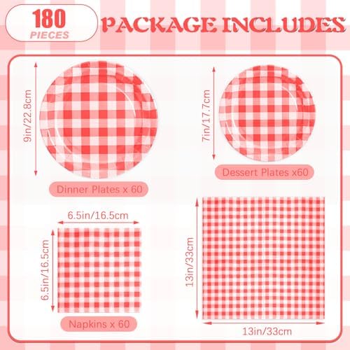180Pcs Red Gingham Party Supplies Paper Plates and Napkins Serve 60 - Image 2