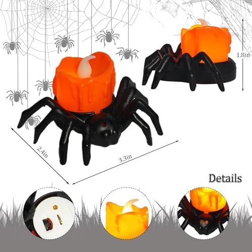 Dazzle Bright 12 Pack Halloween Spider Tea Lights Candles, Battery Operated LED Flameless Spider Candles Holder Lights, Spooky Halloween Decorations for Party Table Home Decor - Image 2