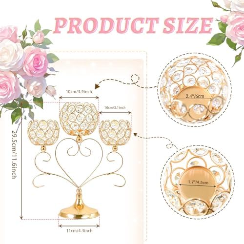 6 Pcs Gold 3-Arm Heart Tea Light Candle Holder - Crystal & Metal Wedding Centerpiece Decor, Sparkling Table Decor for Anniversaries/Romantic Tabletop Home/Dinner Party/Events - Image 2