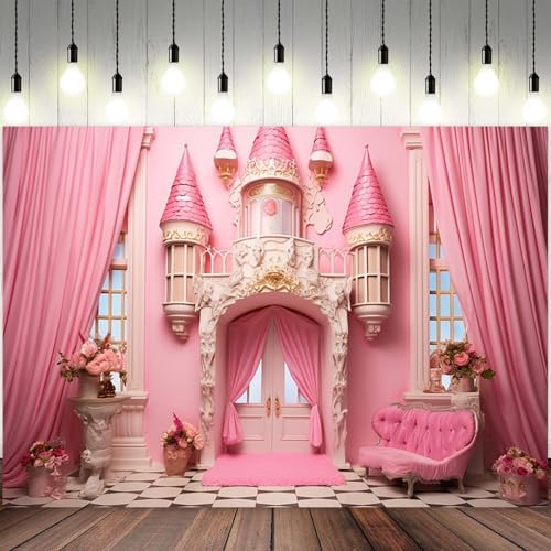 10x6.5ft Pink Castle Backdrop Room Door Curtain Photography Background Flowers Vases Sofa Princess Girl Birthday Banner Decorations Newborn Baby Shower Wedding Party Portrait Photo Booth Prop - Image 2