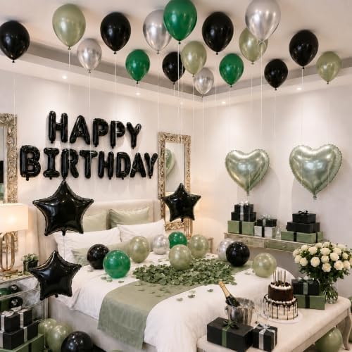 Black Green Birthday Decortions, Star Heart Foil Balloons for Boys Men - Image 3
