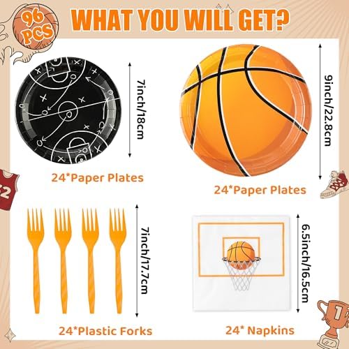 96Pcs Basketball Party Plates Supplies Sports Theme Tableware Decorations Disposable Paper Plates Napkins Forks for Kid Birthday, Serves 24 - Image 2