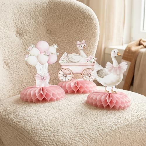 12 Pcs Pink Goose Baby Shower Decorations for Girl - Goose Baby Shower Centerpieces for Tables - Vintage Pink Goose Honeycomb Table Decor with Bow Floral for Girl Baby Shower 1st Birthday - Image 5