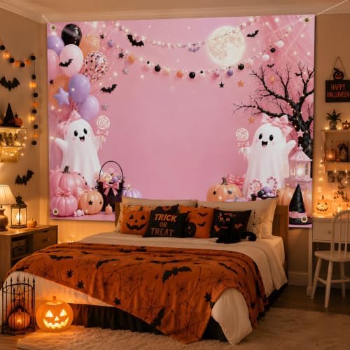Xzentira Pink Halloween Backdrop 7x5 FT Cute Ghost Pumpkin Halloween Party Decorations Photo Booth Background for Girls Kids Adult - Image 7