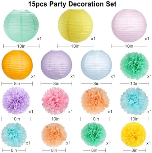 zilue Paper Lanterns and Paper Pom Poms Pastel Party Decorations 15pcs - Image 2