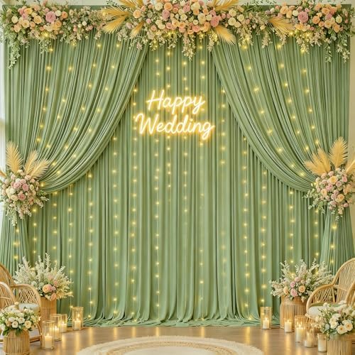 20x10FT Sage Green Backdrop Curtains with Lights for Parties,Wrinkle Free Wedding Photo Backdrop Curtains for Baby Shower Birthday Ceremony Reception Home Party Decorations-5ft x 10ft,4 Panels by Partisky