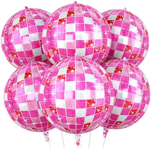 6pcs 22 Inch Pink Disco Ball Balloons, Shiny Pink Big Disco Foil Balloons by Paready