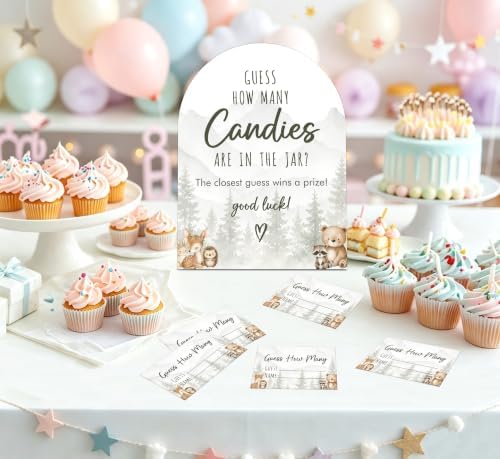 Woodland Adventure Baby Shower Game, Forest Animals Guess How Many Candies Are In The Jar, 6x8 Inch Arch Wooden Sign With Stand And 50 Guessing Cards, Gender Reveal Party Supplies & Decorations - JC10 - Image 4