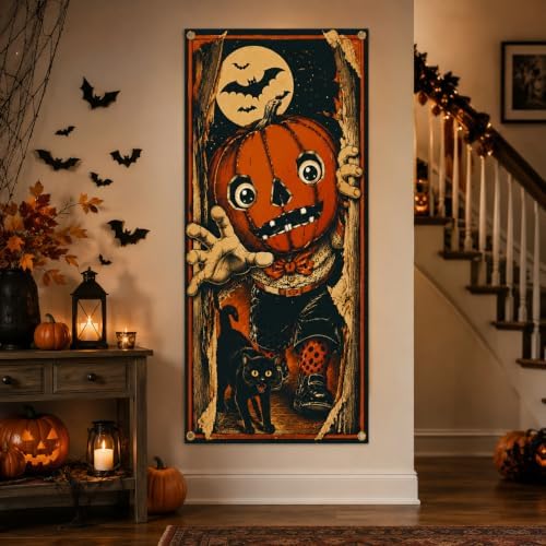 Halloween Pumpkin Character Door Banner 35.4 x 78.7 Inch Polyester Door Cover, Vintage Pumpkin Entrance Decoration with Black Cat for Front Door Porch Entryway Seasonal Home Decor - Image 6