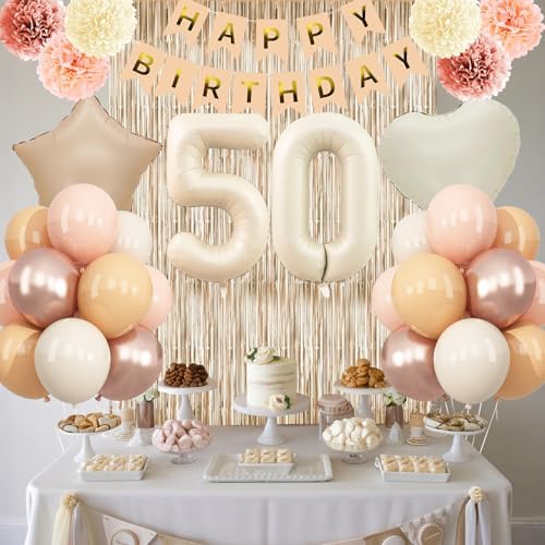 Beige Happy 50th Birthday Party Decoration Women Cream Number 50 Balloon - Image 3