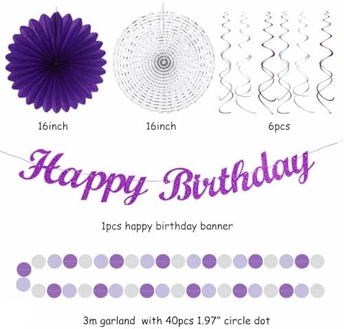 Purple Lilac-Lavender Silver Women Birthday Party-Decorations - 21pc Happy Banner,Paper Lanterns Streamers,Tissue Pom Poms Honeycomb Flower Fan, Girls Hanging Decor Supplies Garland Backdrop Huglony - Image 3