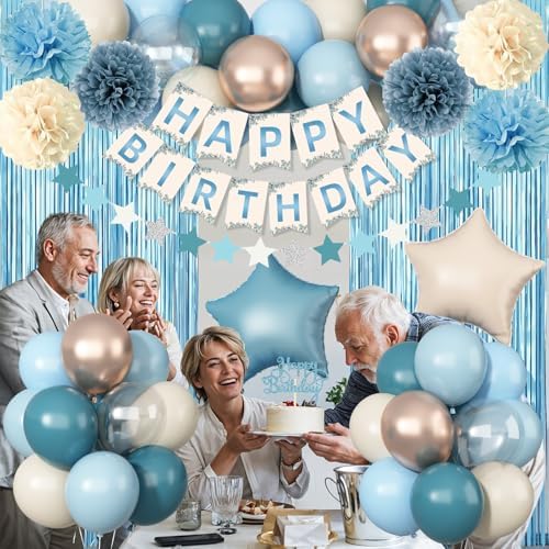 Blue Birthday Decorations, Retro Dusty Blue Sand White Gold Party Balloon Kit with Happy Birthday Banner Fringe Curtain Background Pom Poms Cake Topper for Baby Boys Girl Women Men Bday Decor Supplies - Image 4