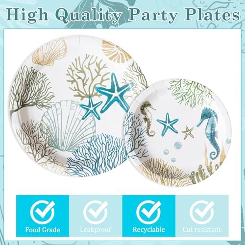 96Pcs Ocean Seashell Coastal Beach Starfish Coral Party Plates Supplies Tableware Decorations Disposable Paper Plates Napkins Forks for Birthday Summer Baby Shower, Serves 24 - Image 3
