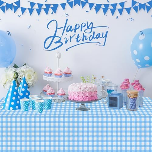 6Pack Light Blue and White Plastic Checkered Tablecloth, Premium Decorative Disposable Light Blue Gingham Plaid Tablecloth for Party, Rectangle Party Table Cover for Picnic Farm Birthday, 54x108 Inch - Image 4