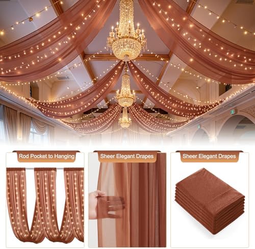Terracotta Ceiling Drapes with Lights for Weddings, 6 Panels 5ftx20ft Sheer Tulle Curtain Drapes for Wedding Ceremony Birthday Party Arch Decoration - Image 5