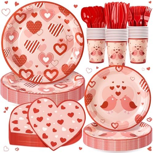 168PCS Red Love Heart Party Supplies for Valentines,Galentines Disposable Paper Plates Napkins Cups Cutlery for 24 Guest,Love Party Tableware for Anniversary Wedding Engagement Birthday Baby Shower by FightingtoAchieve
