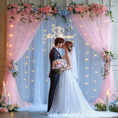 10x10ft Baby Pink Blue Tulle Backdrop Curtain with Lights String for Parites, Sheer Photo Backdrop Drapes with Lights for Wedding Backdrop Ceremony Reception Bridal Shower Baby Shower Birthday Party - Image 5