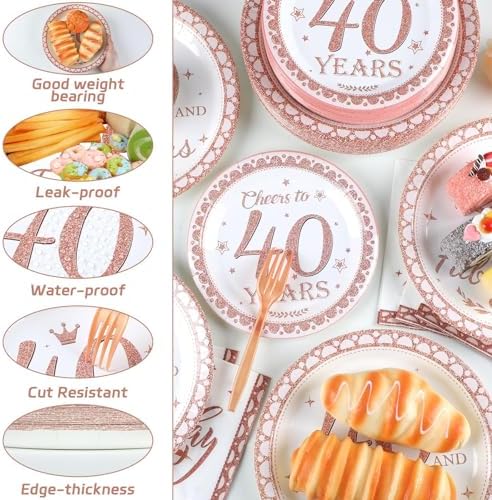 gisgfim 50 Guests 40th Birthday Decorations Plates Napkins for Women Rose Gold Party Supplies 40 Fabulous Happy Birthday Tableware Set Cheers to 40 Years Party Decor Table Decors for Her Girl 200Pcs - Image 4