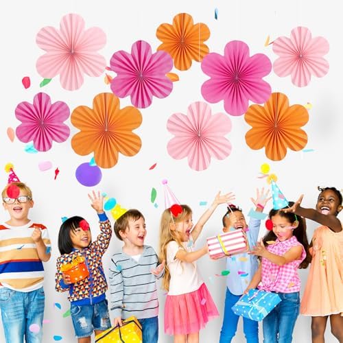 SUNBEAUTY 9 Pcs Hot Pink and Orange Paper Flowers Decorations for Wall, Spring Summer Vibrant Decorations for Wall Rock Party Girl Groovy Birthday Baby Shower Wedding Bachelorette Room Hanging Decor - Image 4