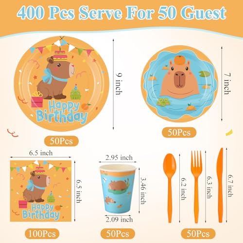 Pickmesh 400 Pcs Party Supplies Disposable Paper Plates Napkins and Cups Decorations for Men Women(Happy Capybara Birthday,Orange Green) - Image 2