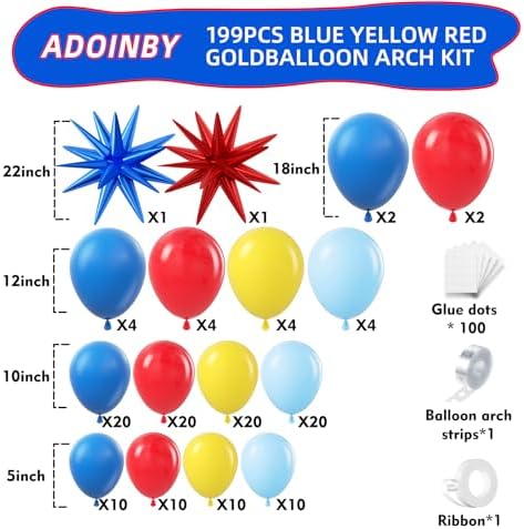 Blue Red Yellow Balloon Arch Kit, Assorted Colorful 18 12 10 5 Inch, Different Sizes Party Balloon Garland Kit for Baby Shower, Birthday, Gender Reveal, Anniversary, Easter, Prom Decoration - Image 2