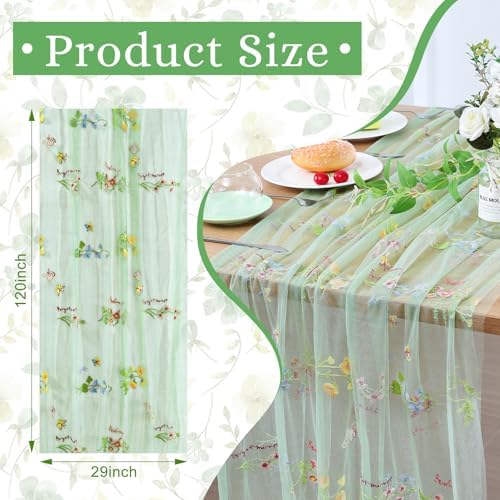 BINBE 12pcs Sage Green Florals Table Runner Embroidery Gauze 10FT Daisy Seasonal Tulle Birthday Wedding Holiday Kitchen Dining Table Decor for Home Party - Image 2