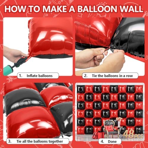 NISOCY 48PCS Red and Black Square Foil Balloons Wall Backdrop - Image 5