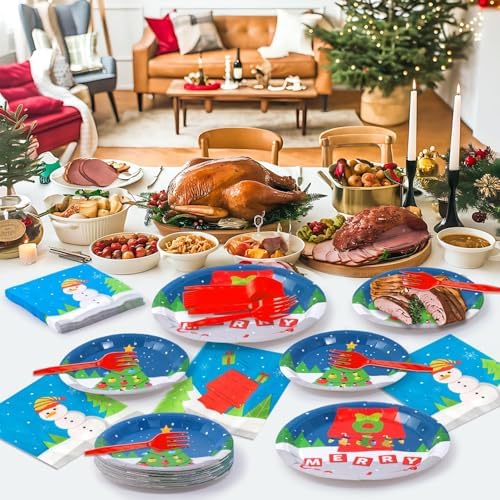 GaofanWai 96PCS Christmas Cartoon Red Dog House Tableware, Merry Christmas Paper Plate Set for Kid, Winter Snowy Pine Tree Disposable Dinnerware Paper Napkin Fork for Baby Shower Party Decor,24 Guests - Image 5