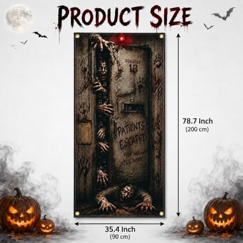 Halloween Haunted Asylum Door Banner 35.4 x 78.7 Inch Polyester Door Cover, Horror Patient Room Entrance Decoration for Front Door Porch Entryway, Halloween Home Decor - Image 2