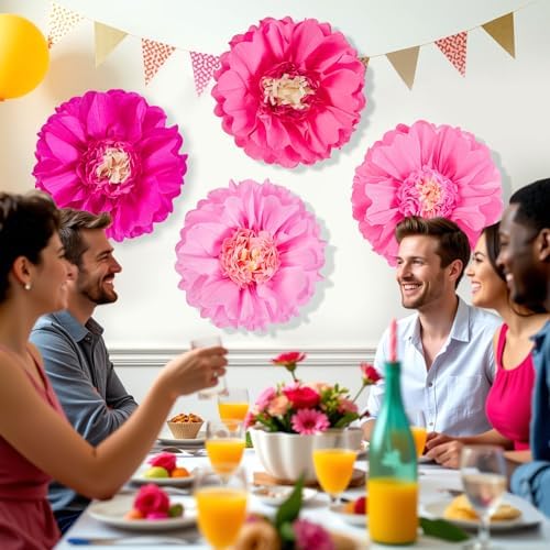 SUNBEAUTY 20" Giant Pink Paper Flowers 4 PCS Large Crepe Tissue Paper Flowers Pink Party Decorations for Girl Women Birthday Spring Garden Wedding Flower Backdrop Wall Bridal Shower Nursery - Image 6
