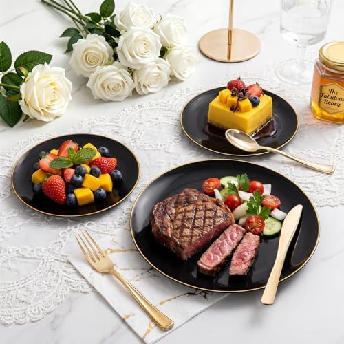 YOUBET 125PCS Black Plastic Plates with Gold Rim for Halloween - Image 3