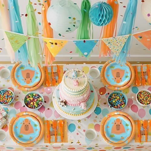 Pickmesh 400 Pcs Party Supplies Disposable Paper Plates Napkins and Cups Decorations for Men Women(Happy Capybara Birthday,Orange Green) - Image 5