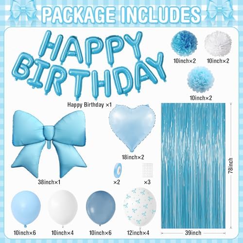Blue Bow Birthday Decorations for Girls Women, Happy Birthday Balloons - Image 2