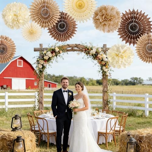 SUNBEAUTY Brown Party Decorations Boho Wedding Party Decor Brown Beige Tissue Pom Poms Paper Fans Hanging Neutral Women Birthday Party Decorations Bridal Shower Baby Shower Rustic Engagement Decor - Image 2