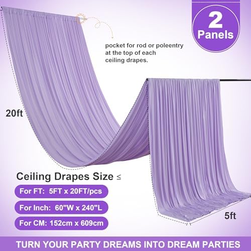 2 Panels 5ft(W) x 20ft(L) Light Purple Ceiling Drapes for Wedding Parties - Image 4