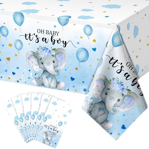 6 Pack Elephant Tablecloth Decorations, Plastic Tablecloth Table Cover Backdrop for Baby Boy Girl Gender Baby Shower Party Supplies, 54 x 108 Inch, Blue by EnjoyYourFunnyParties