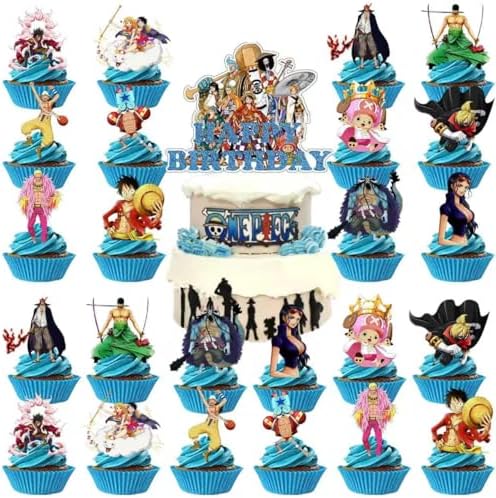 45Pcs For One Piece Birthday Party Supplies: 1 Banner, 1 Tablecloth, 1 Backdrop, 1 Cake Topper, 24 Cupcake Toppers, 15 Balloons, 2 Aluminum Balloons for Kids Boys Theme Party Decorations - Image 5