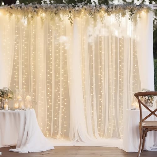 20ft x 10ft White Backdrop Curtain with Lights String for Parties, Sheer Tulle Wedding Photo Backdrops Drapes for Baby Shower Birthday Party Decorations Background for Photography by Shillance