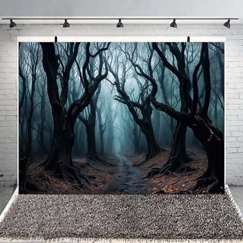 7 x 5 ft Halloween Forest Backdrop Haunted Mist Forest Witch Creepy Scene Dark Pathway Scary Trees Spooky Foggy Woods Background for Halloween Birthday Party Decorations Photo Booth Studio Props - Image 2